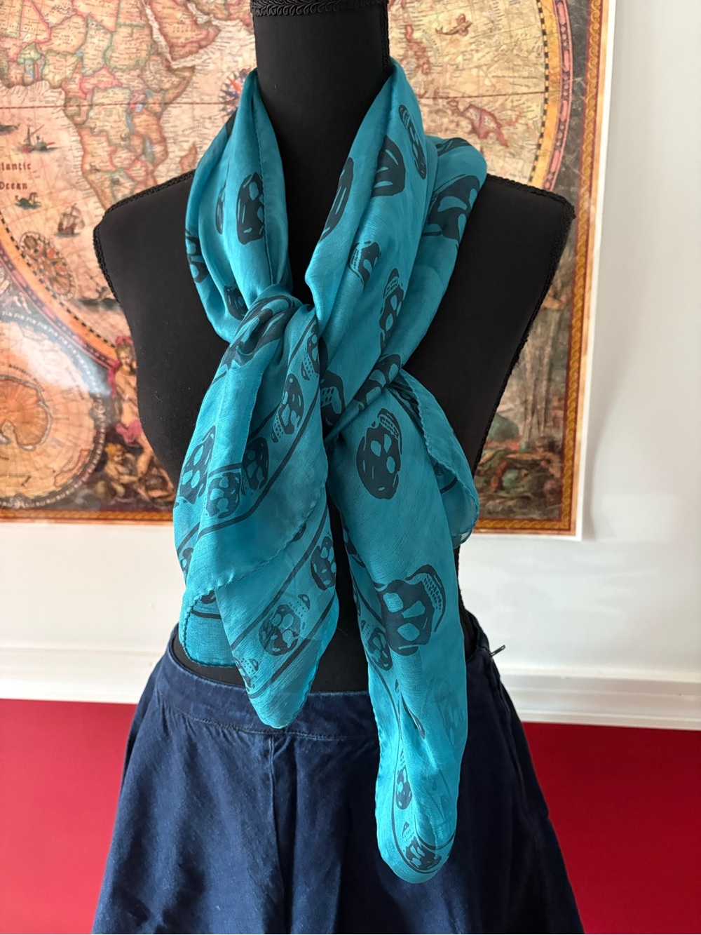 Alexander McQueen Teal Skull Motif Silk Wrap